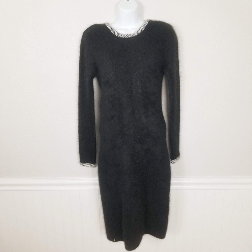 Point of View Collection Beaded Rabbit Hair Black Dress Beaded Embellished Neck